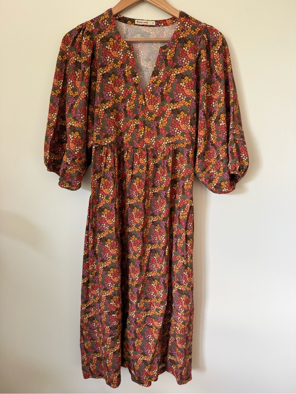 Marine Layer Floral Puff-Sleeve Midi Dress in Floral Leopard